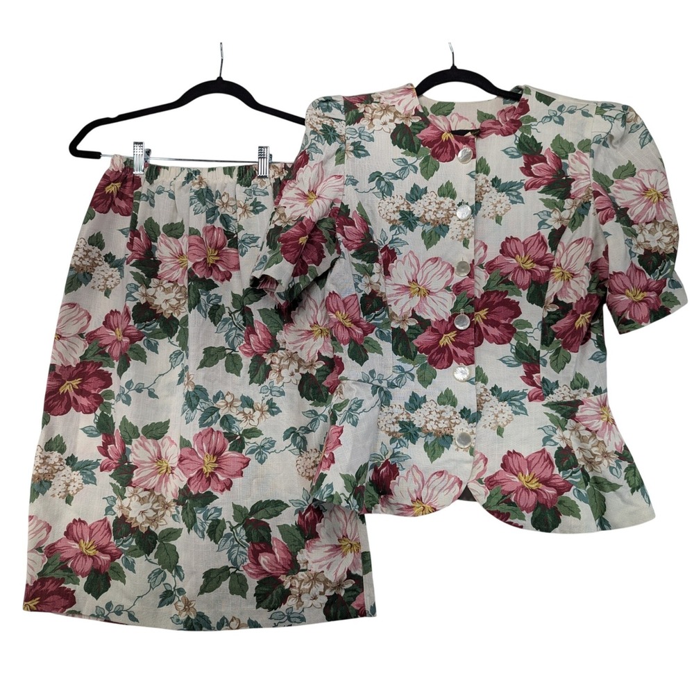 Stuart Alan Vintage‎ 90s Floral Peplum Top and Skirt Set Pink Cream USA 12